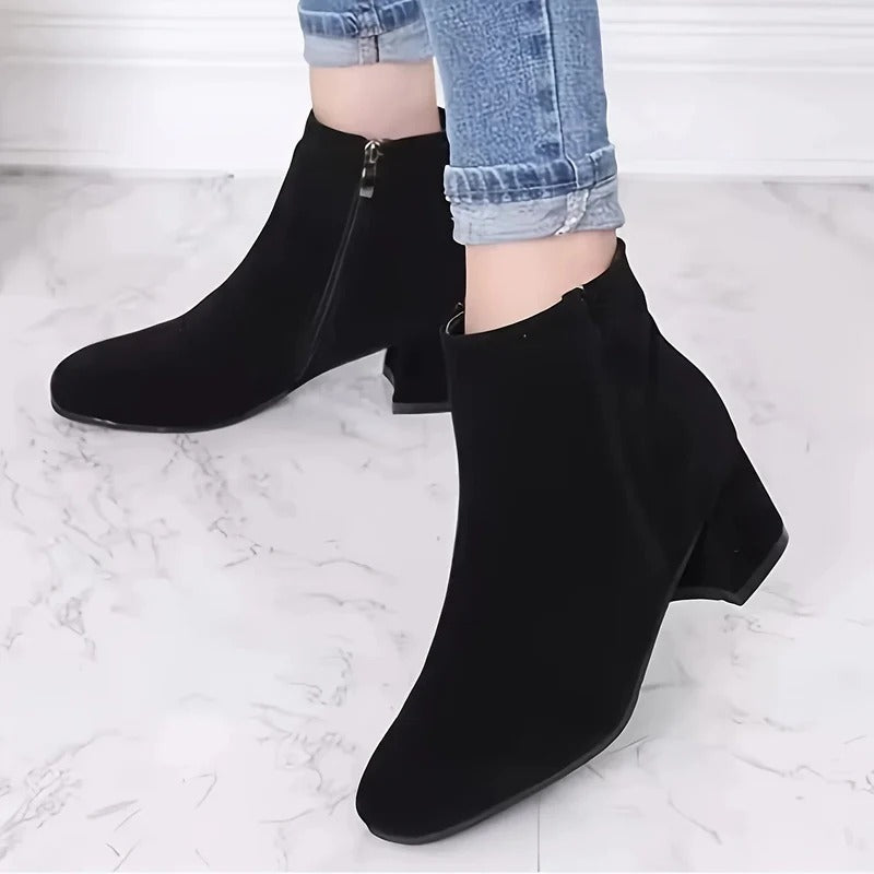 Suede Block Heel Ankle Boots with Side Zip for Women