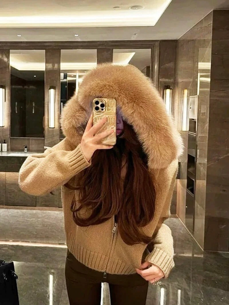 Knitted Zip Up Cardigan with Faux Fur Hood for Women