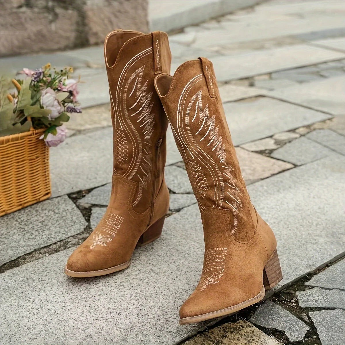 Suede Embroidered Block Heel Western Boots for Women