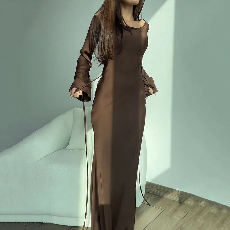 Satin Bodycon Long Sleeve Maxi Dress for Women