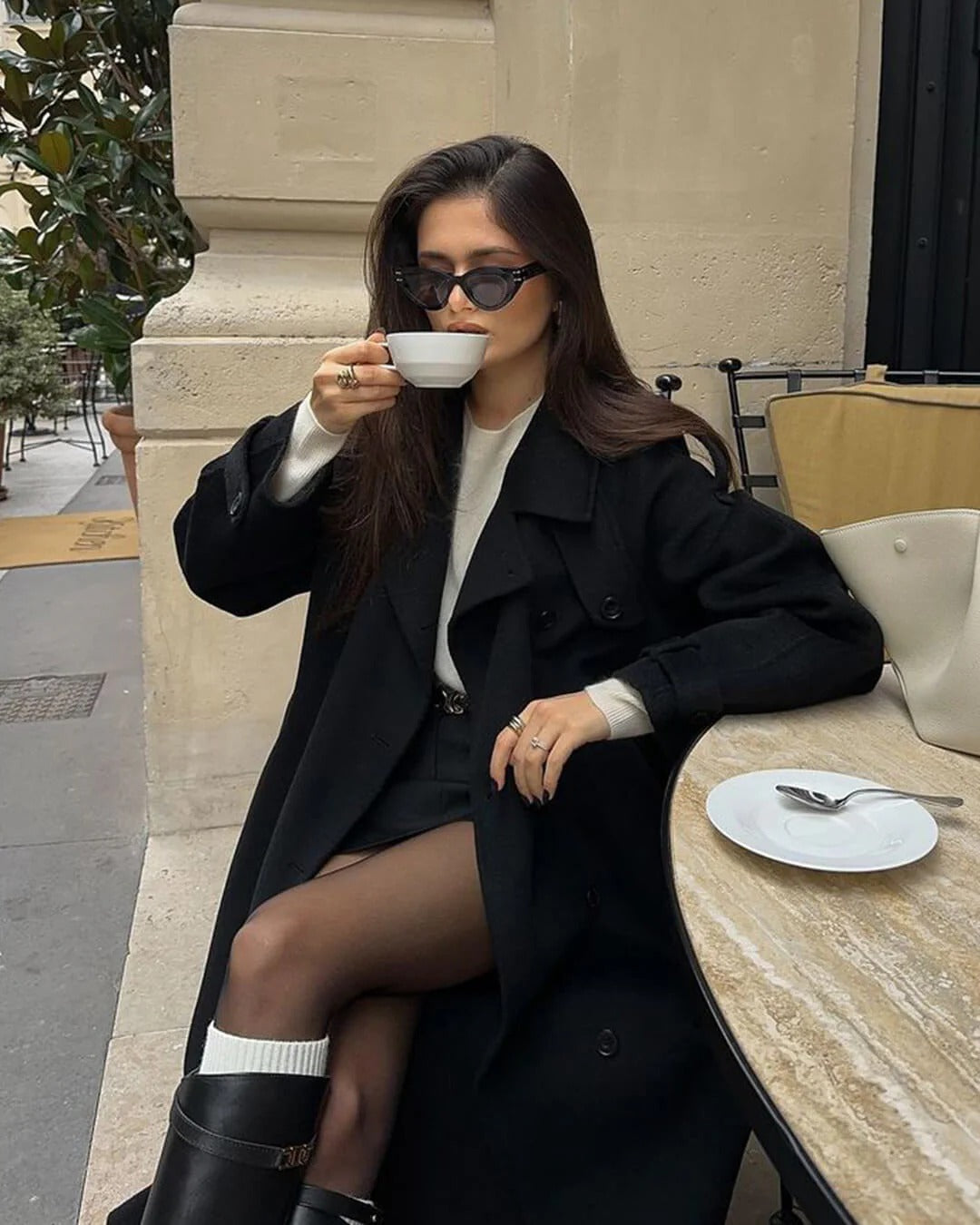 Wool Blend Double Breasted Long Overcoat for Women