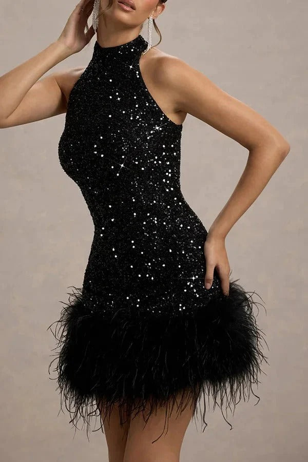 Glitter Feather Trim Halter Mini Dress for Women