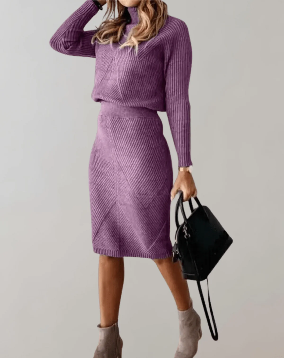 Knit Turtle Neck Sweater with Skirt Set for Women