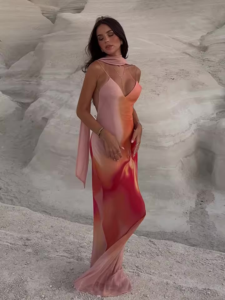 Draped V-Neck Ombre Slip Maxi Dress for Women