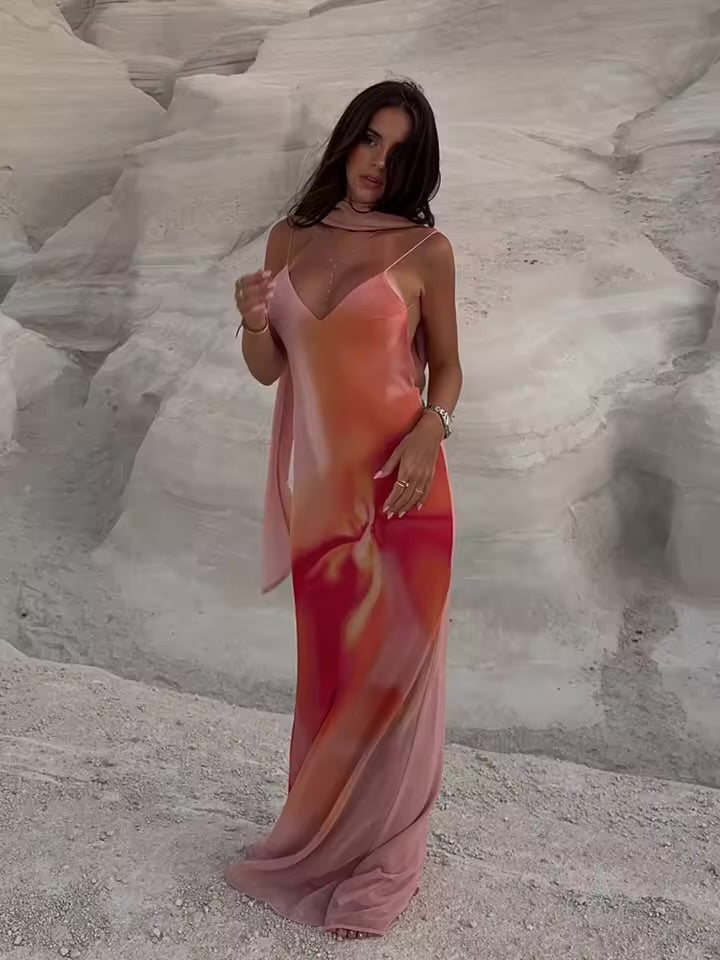 Draped V-Neck Ombre Slip Maxi Dress for Women