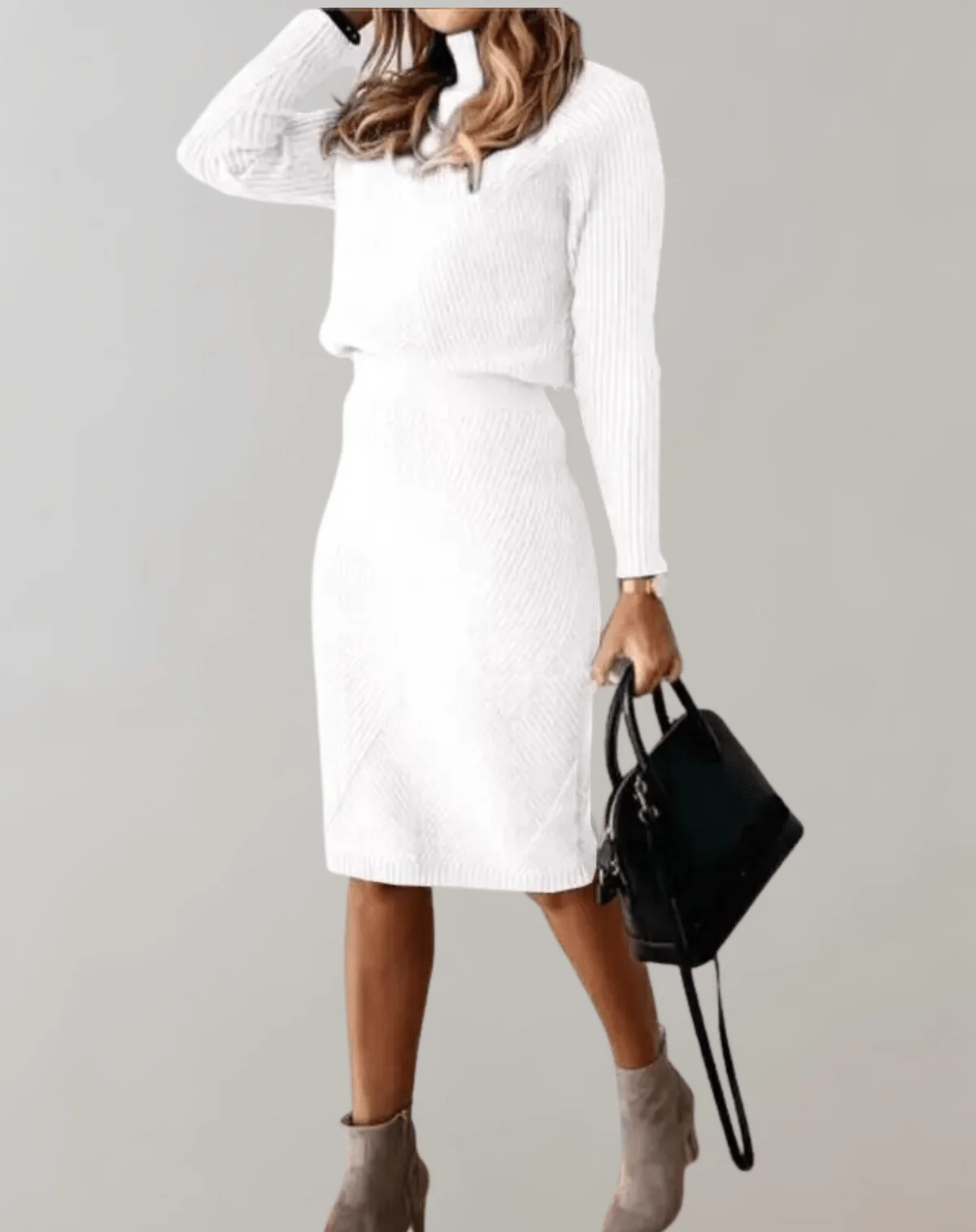 Knit Turtle Neck Sweater with Skirt Set for Women