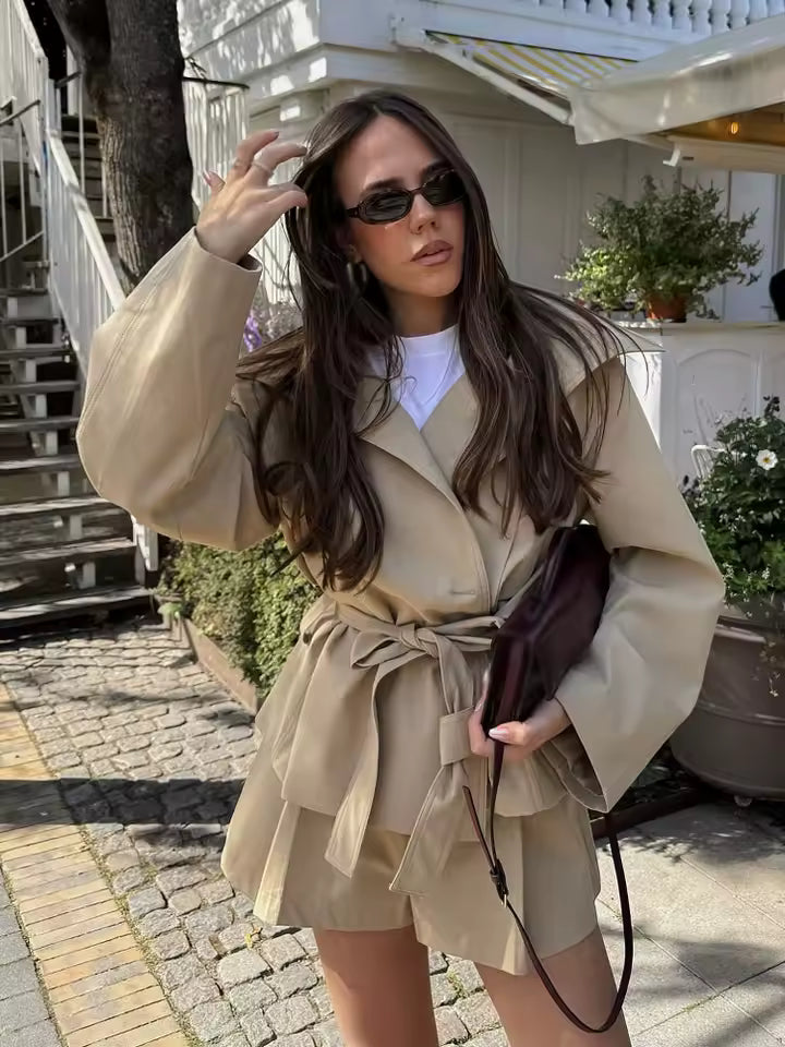 Oversized Tie-Waist Short Trench Jacket for Women