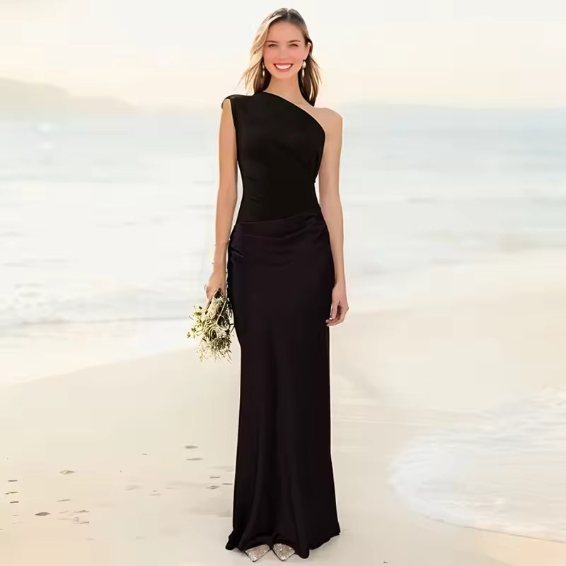 One Shoulder Satin Maxi Dress for Women