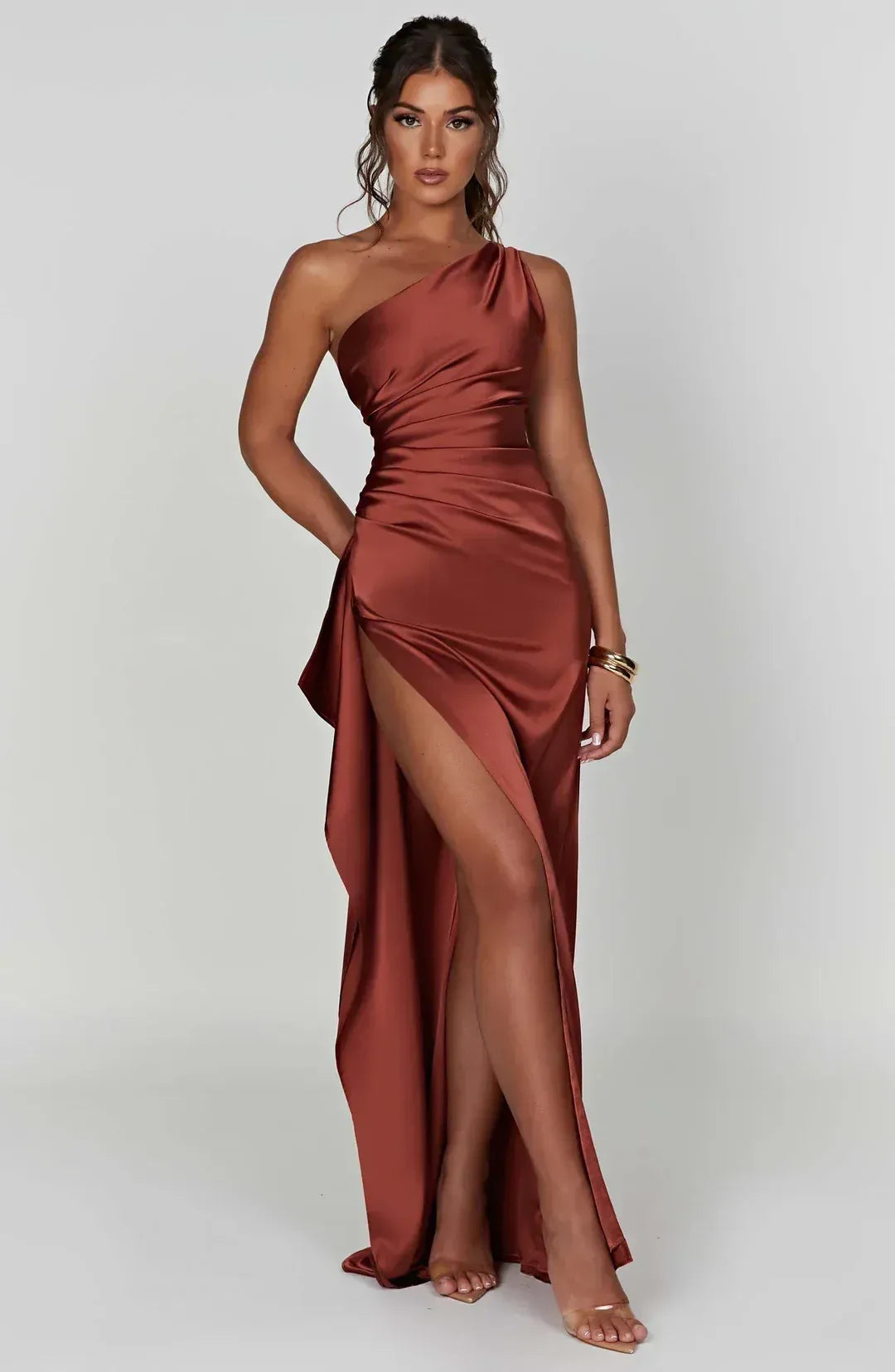 Satin One Shoulder High Slit Maxi Dress for Women