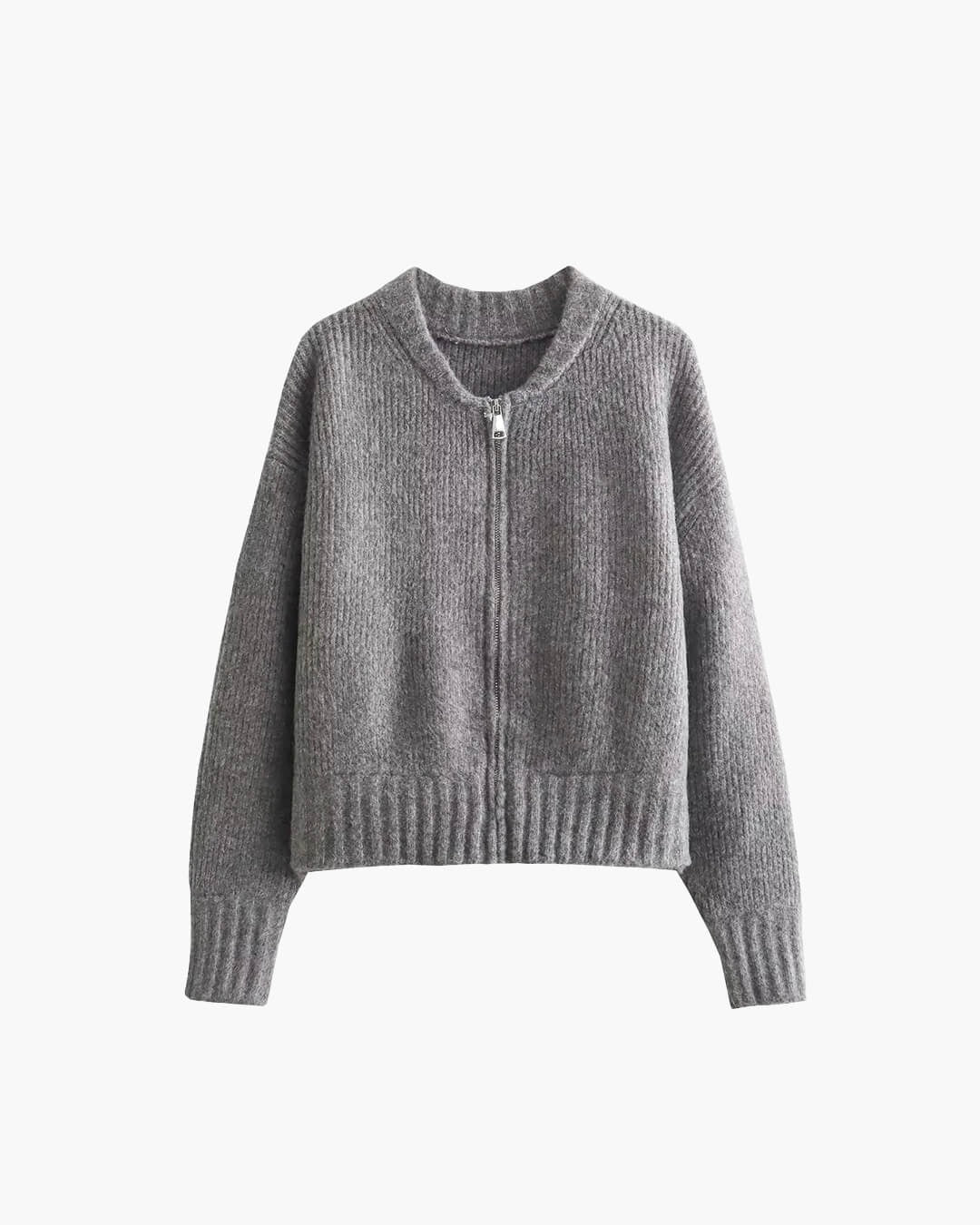 Zip Up Knitted Cardigan with Round Neck for Women