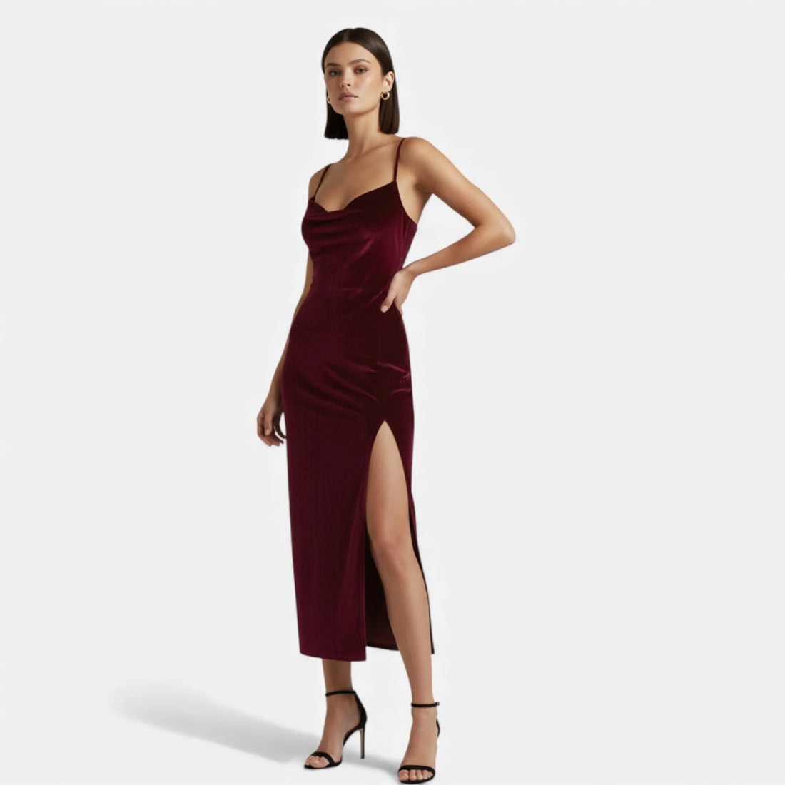 Velvet Cowl Neck Side Slit Maxi Dress for Women