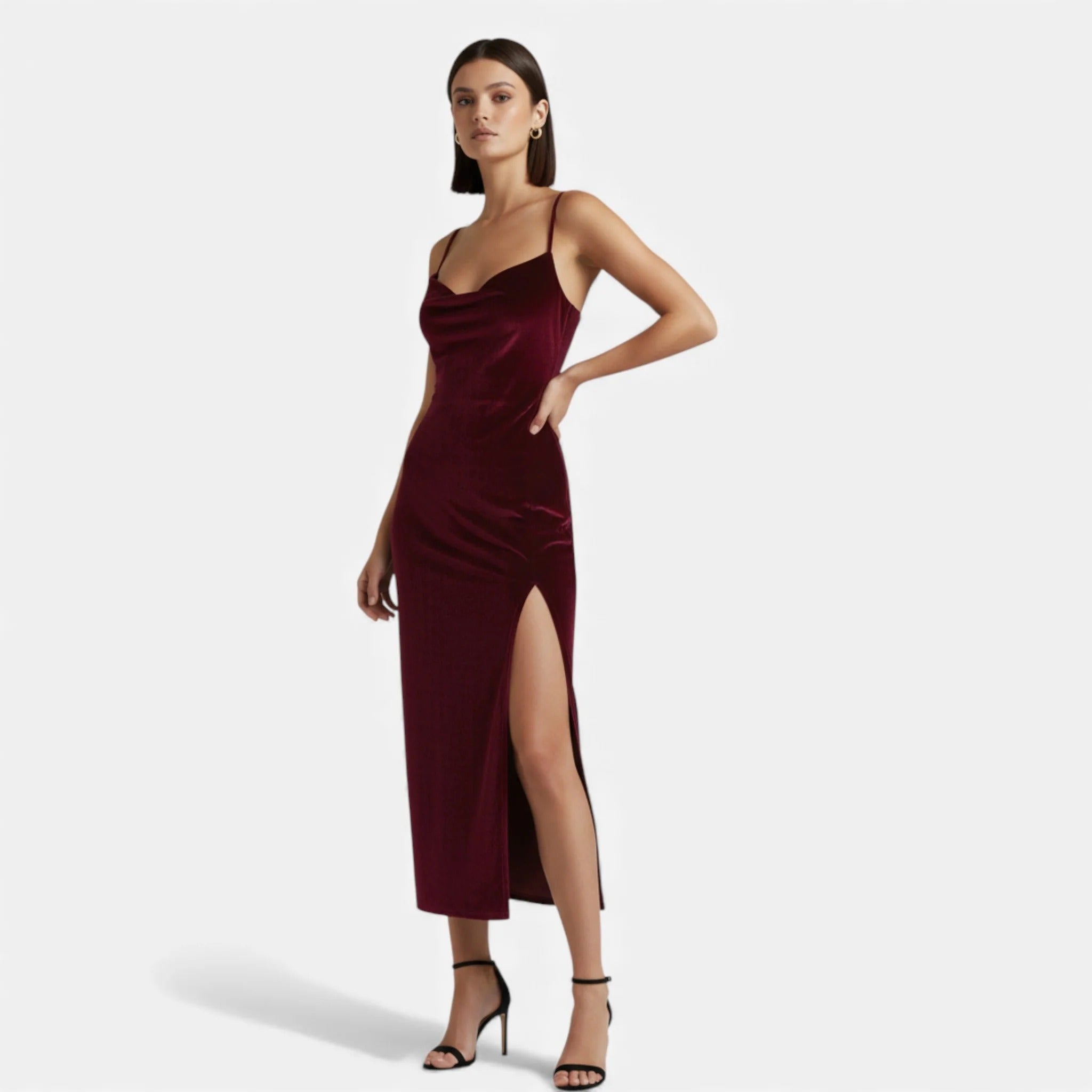 Velvet Cowl Neck Side Slit Maxi Dress for Women
