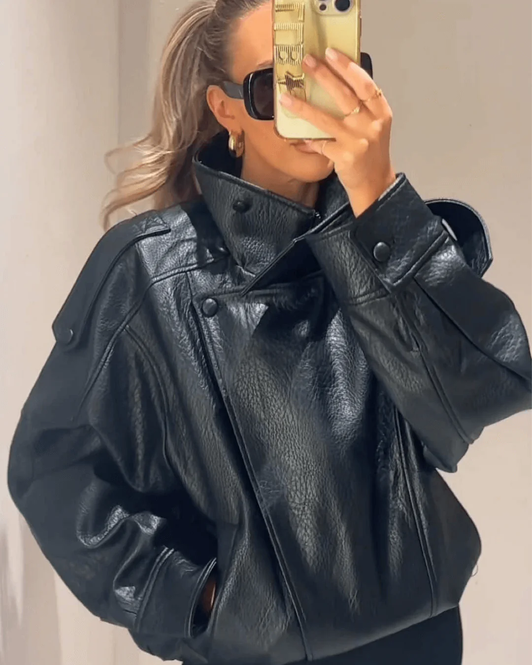 Faux Leather Jacket with High Neck for Women