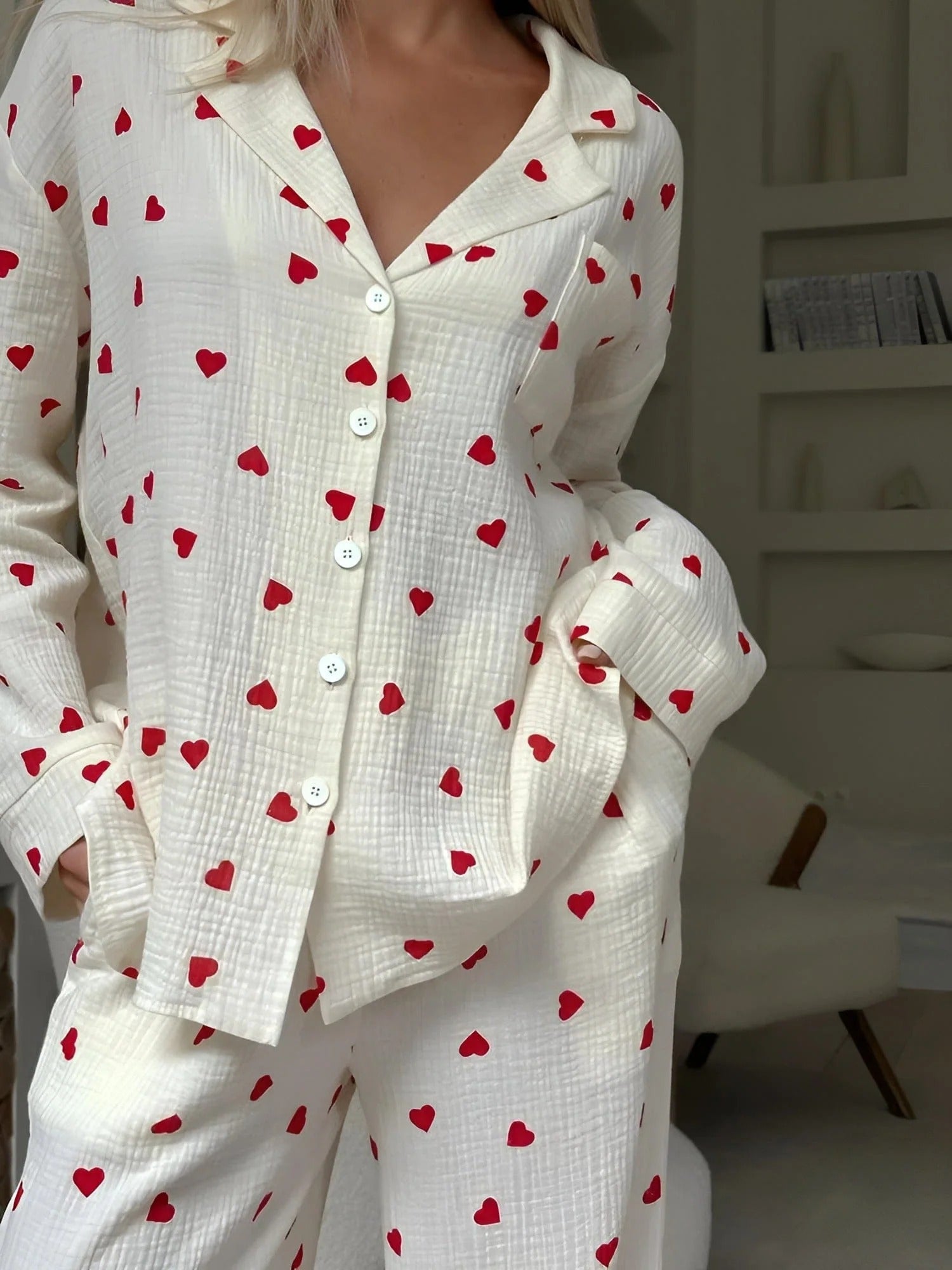 Heart Print Long Pajama Set for Women