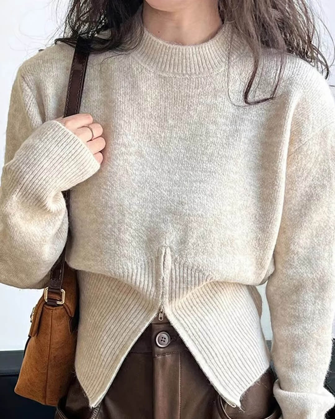 Front Zip Ribbed Knit Mock Neck Sweater for Women