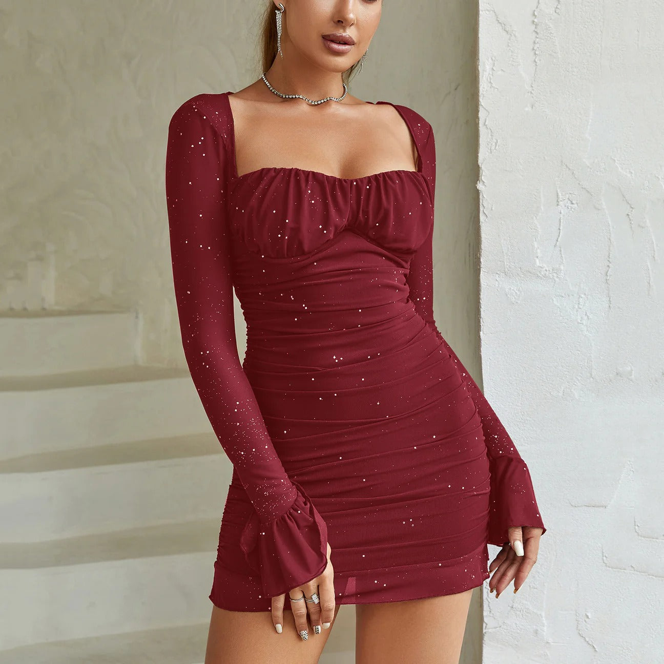 Glittery Square Neck Mini Dress for Women