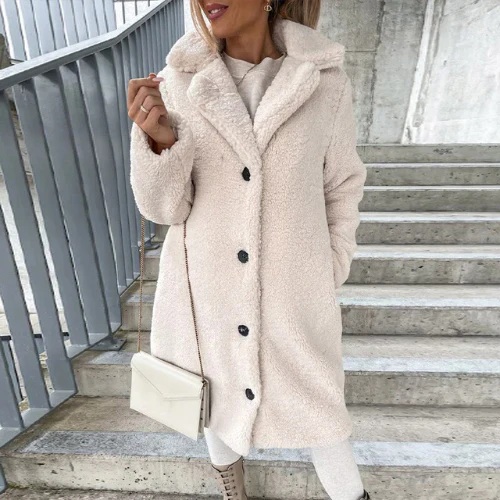 Teddy Coat with Notched Collar Button Front for Women