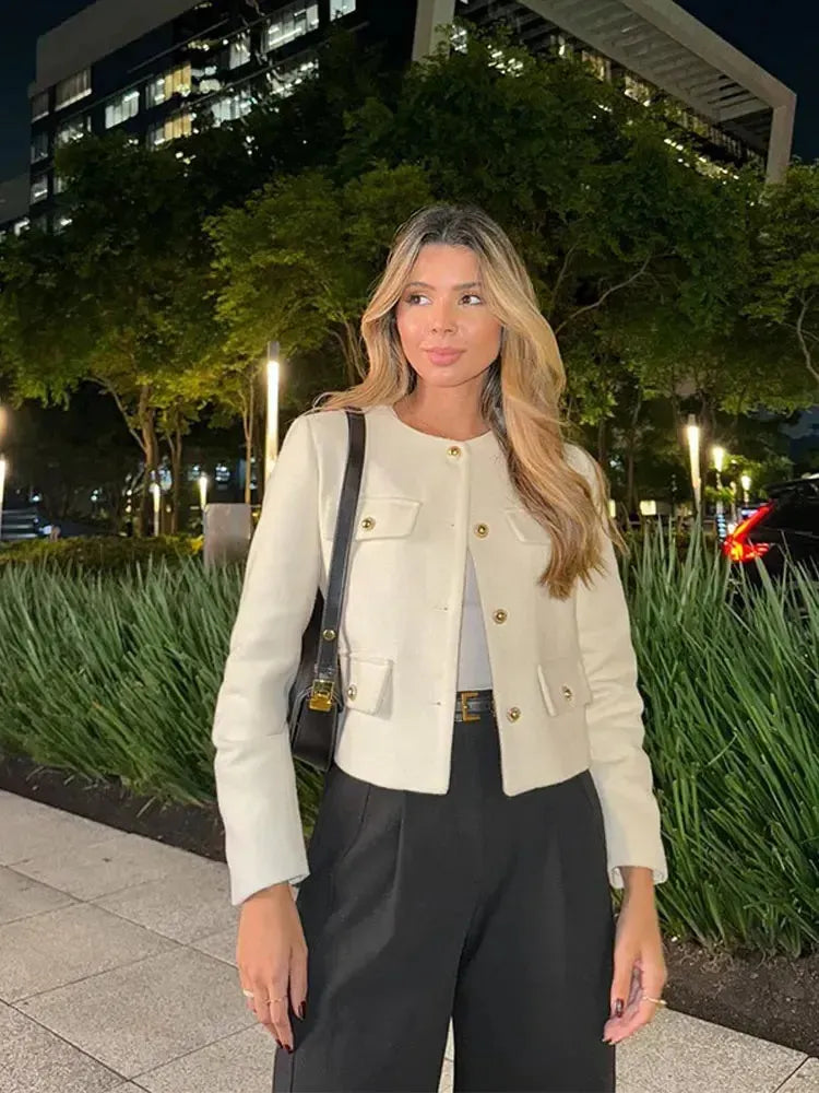 Cropped Textured Button-Up Jacket for Women