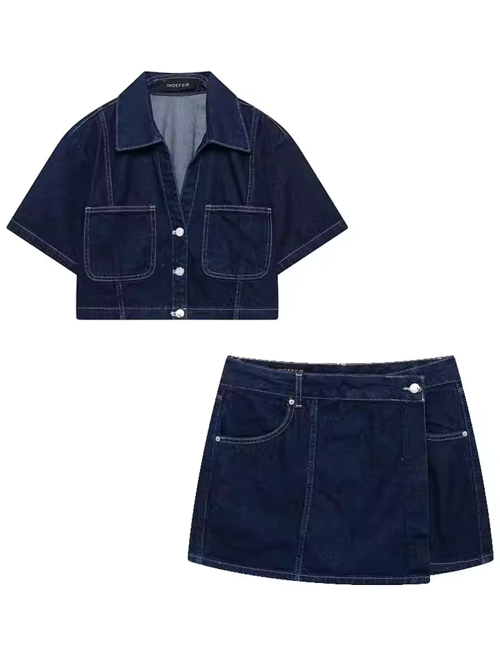 Denim Set with Loose Fit Crop Top and Mini Skort for Women