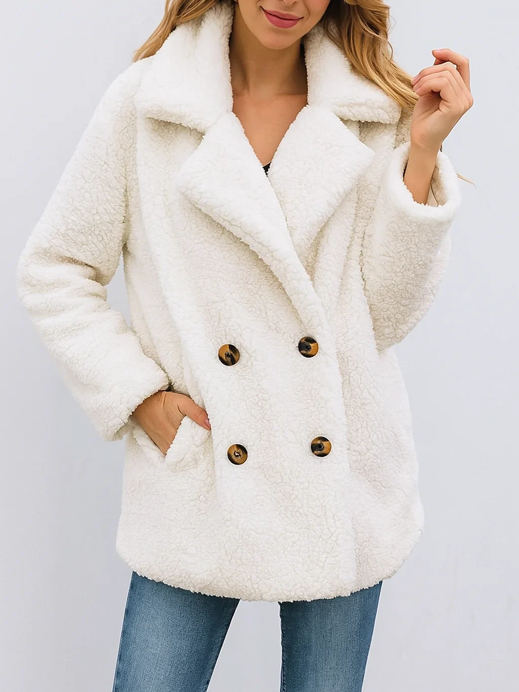 Double-Breasted Teddy Coat for Women