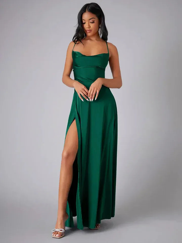 Satin Cowl Neck Backless Slit Maxi Dress for Women