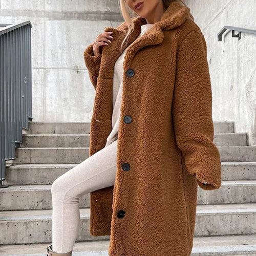 Teddy Coat with Notched Collar Button Front for Women