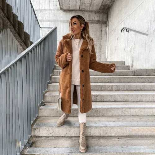 Teddy Coat with Notched Collar Button Front for Women