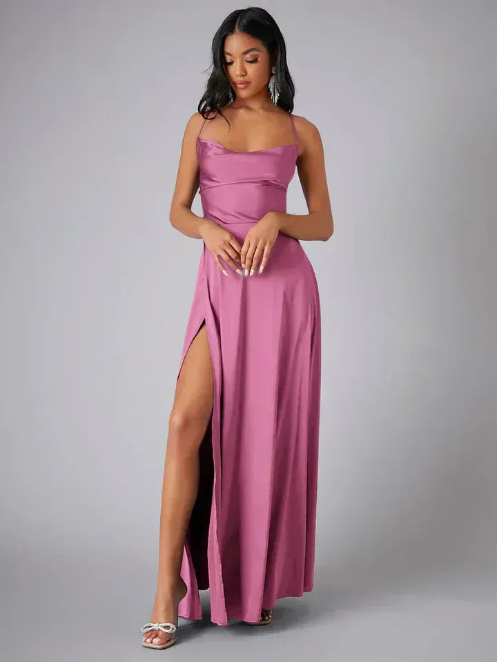 Satin Cowl Neck Backless Slit Maxi Dress for Women