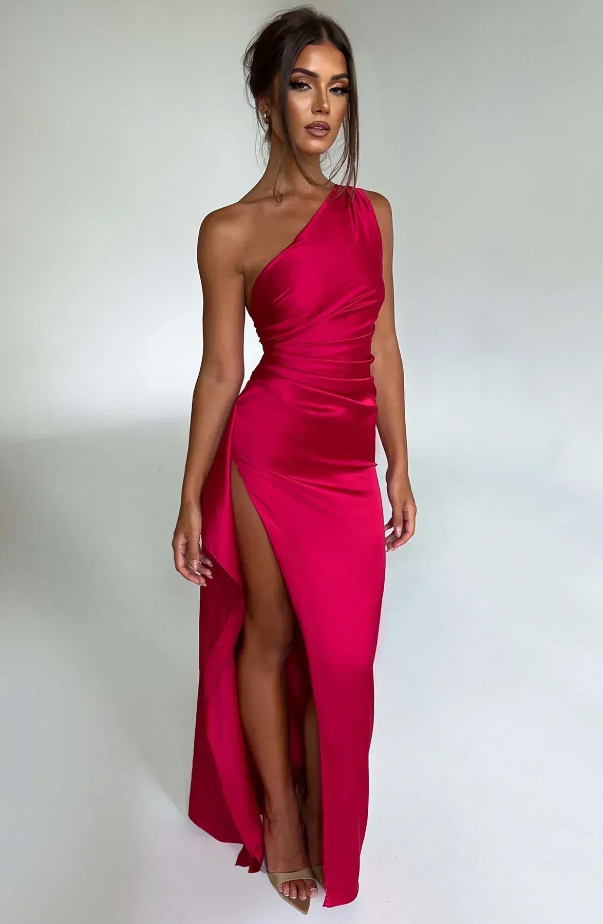 Satin One Shoulder High Slit Maxi Dress for Women