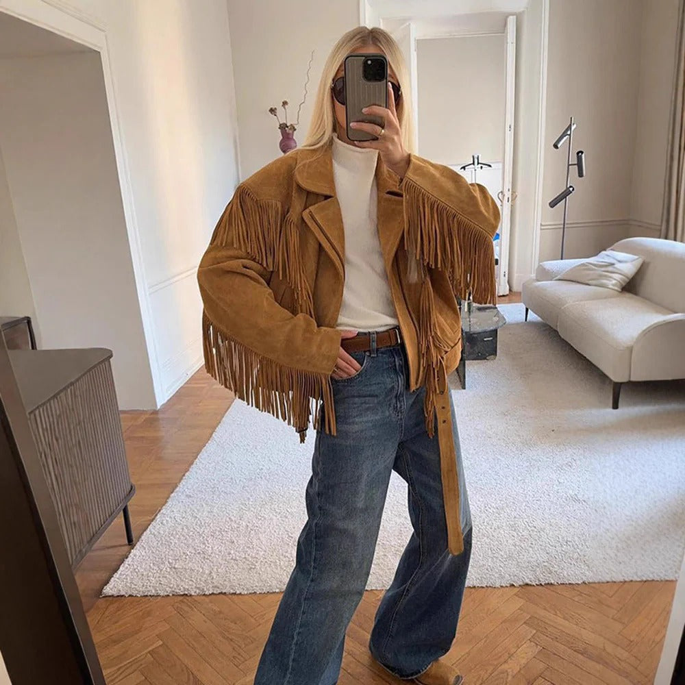 Oversized Faux Suede Fringe Biker Jacket for Women
