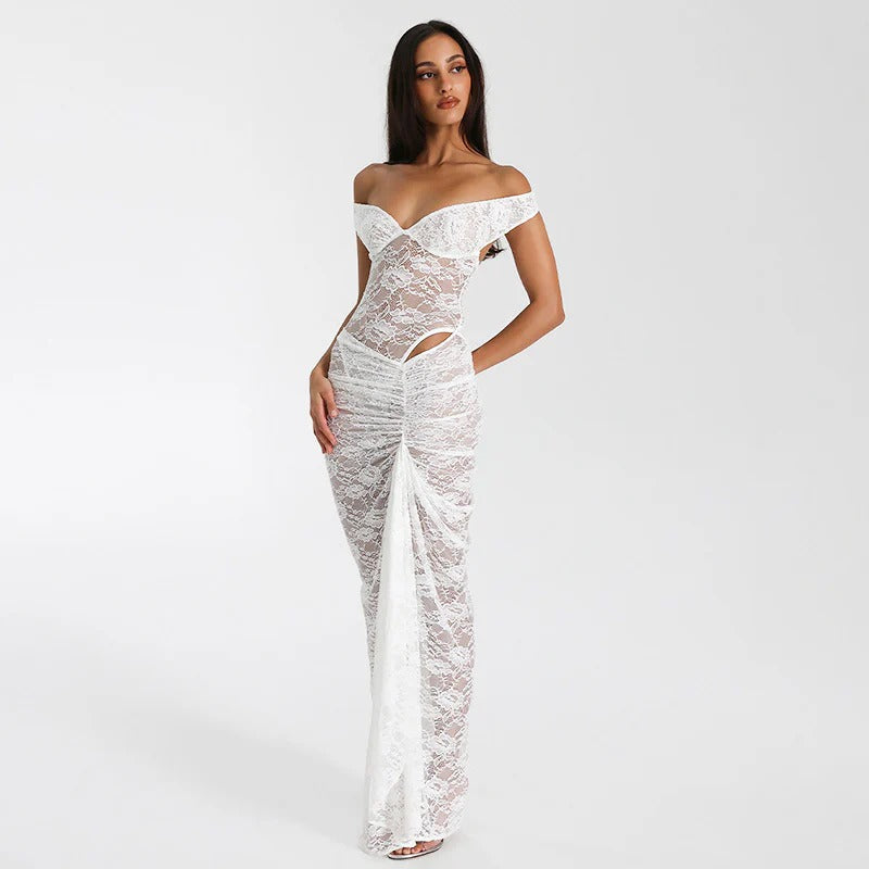 Lace Off-Shoulder Ruched Maxi Dress for Women