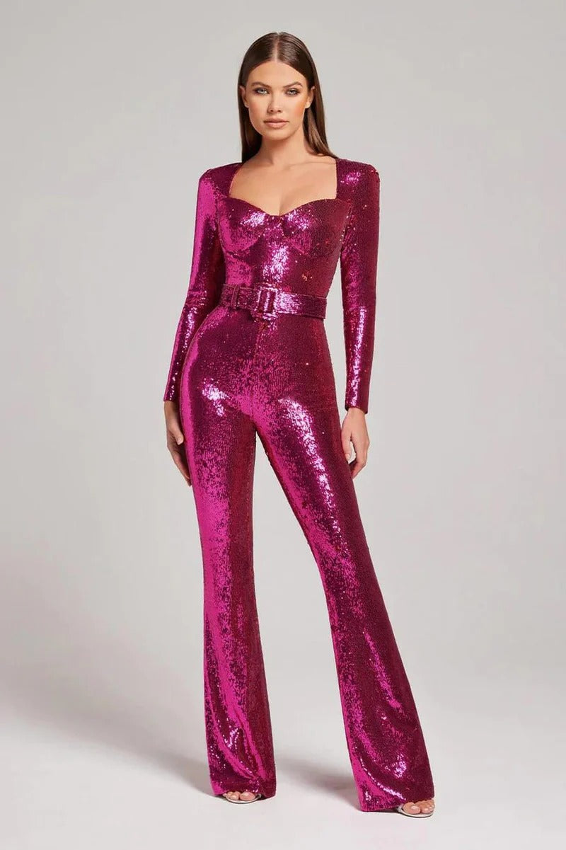 Sequin Sweetheart Neck Belted Jumpsuit for Women