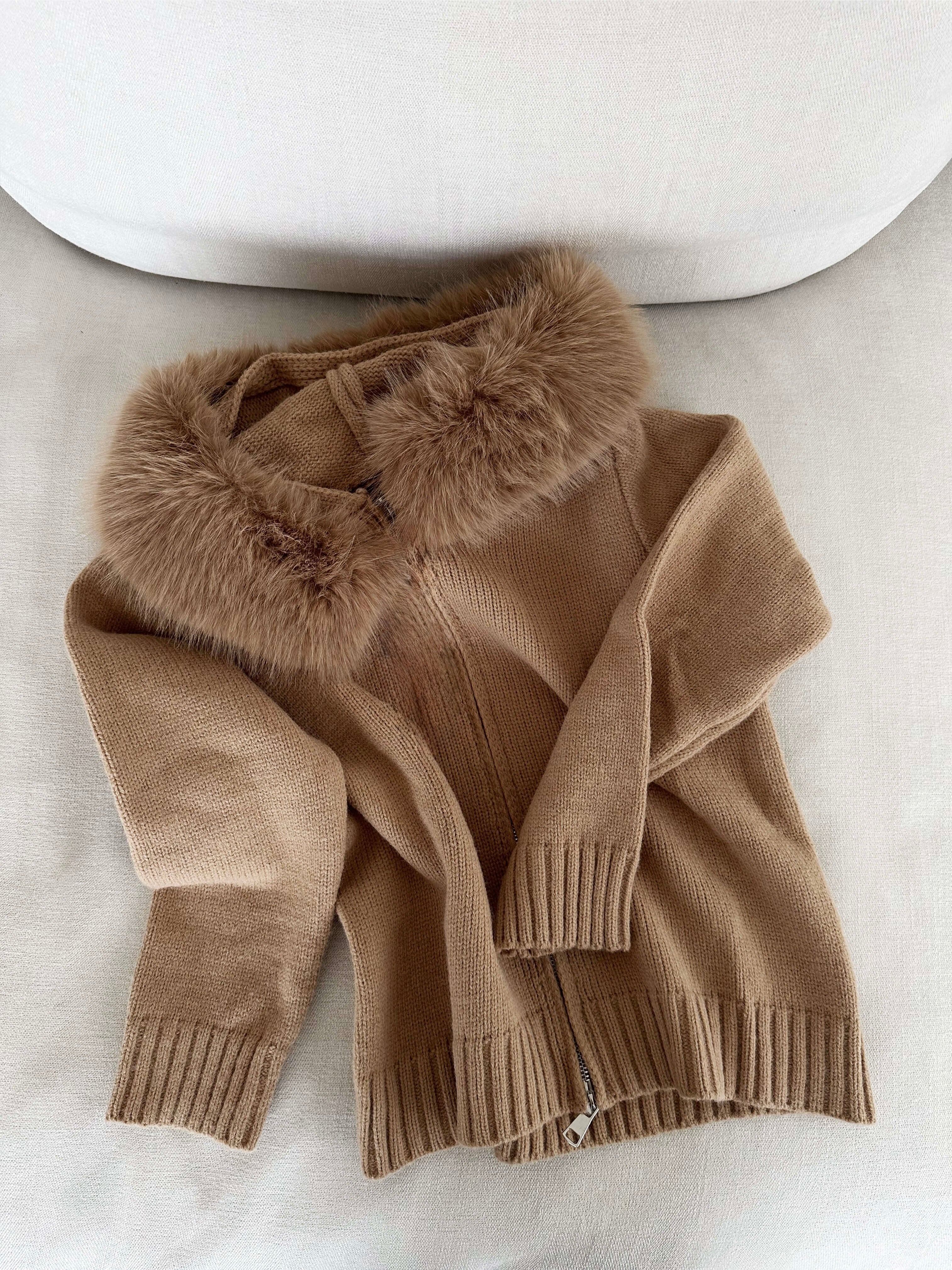 Knitted Zip Up Cardigan with Faux Fur Hood for Women