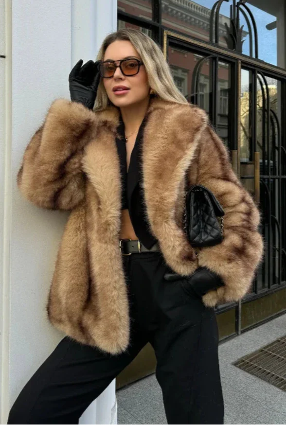 Faux Fur Coat with Wide Lapel Collar for Women