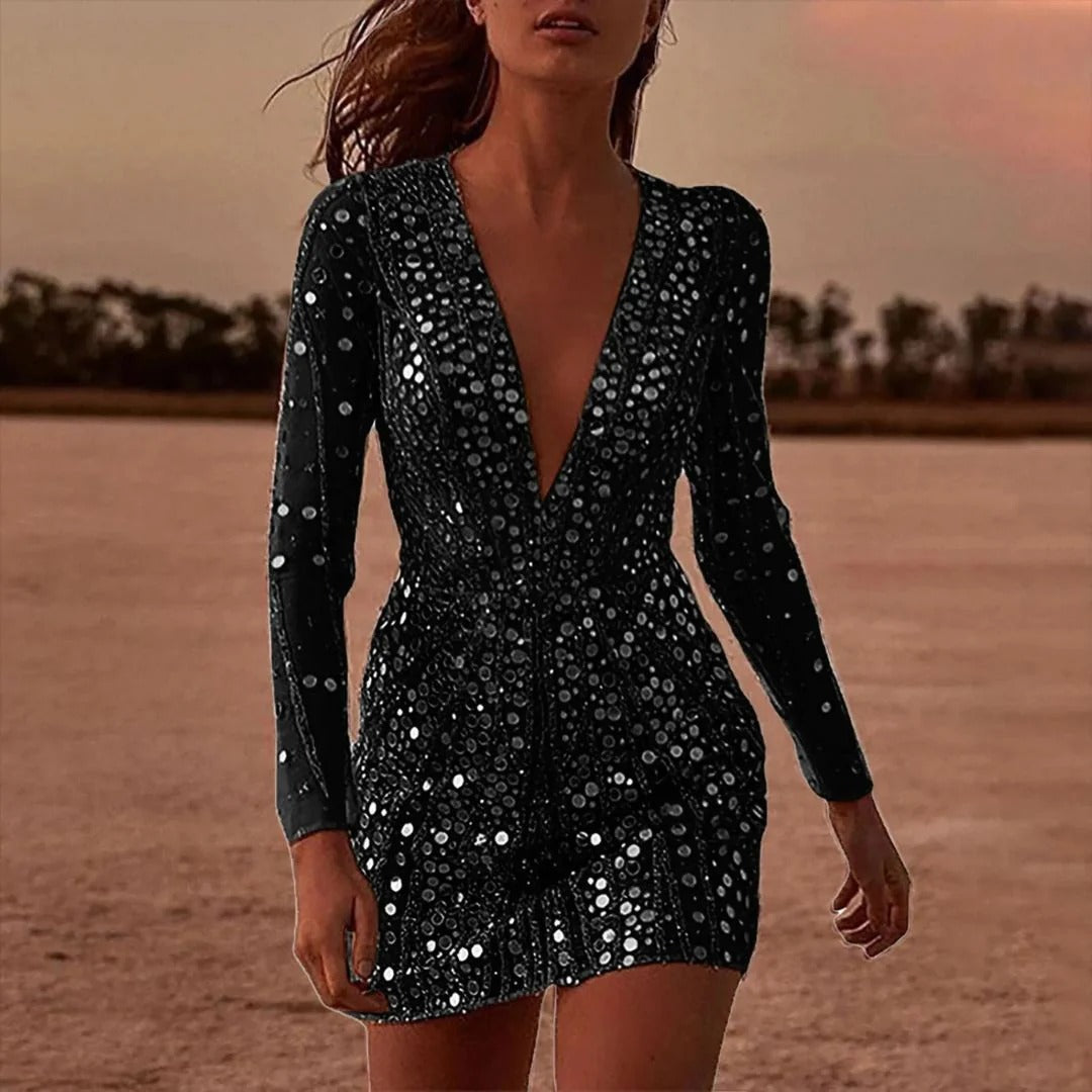 V-Neck Sequin Mesh Party Dress for Women