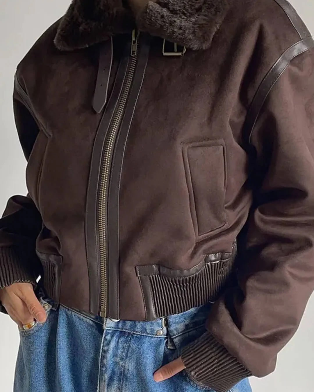 Cropped Faux Shearling Aviator Jacket for Women