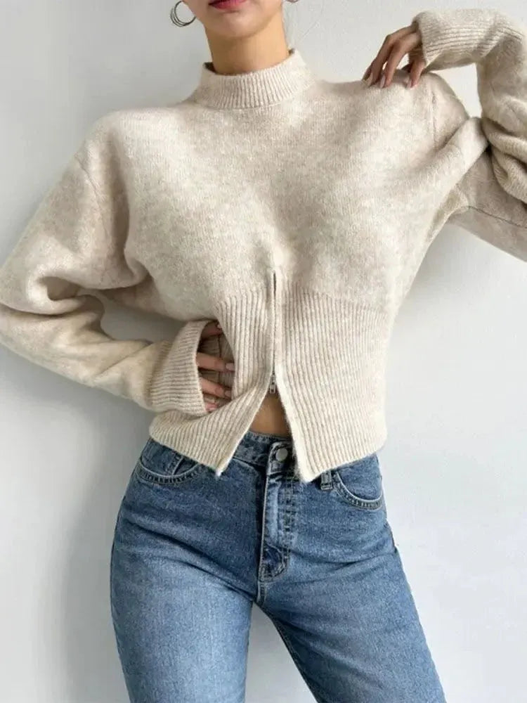 Front Zip Ribbed Knit Mock Neck Sweater for Women