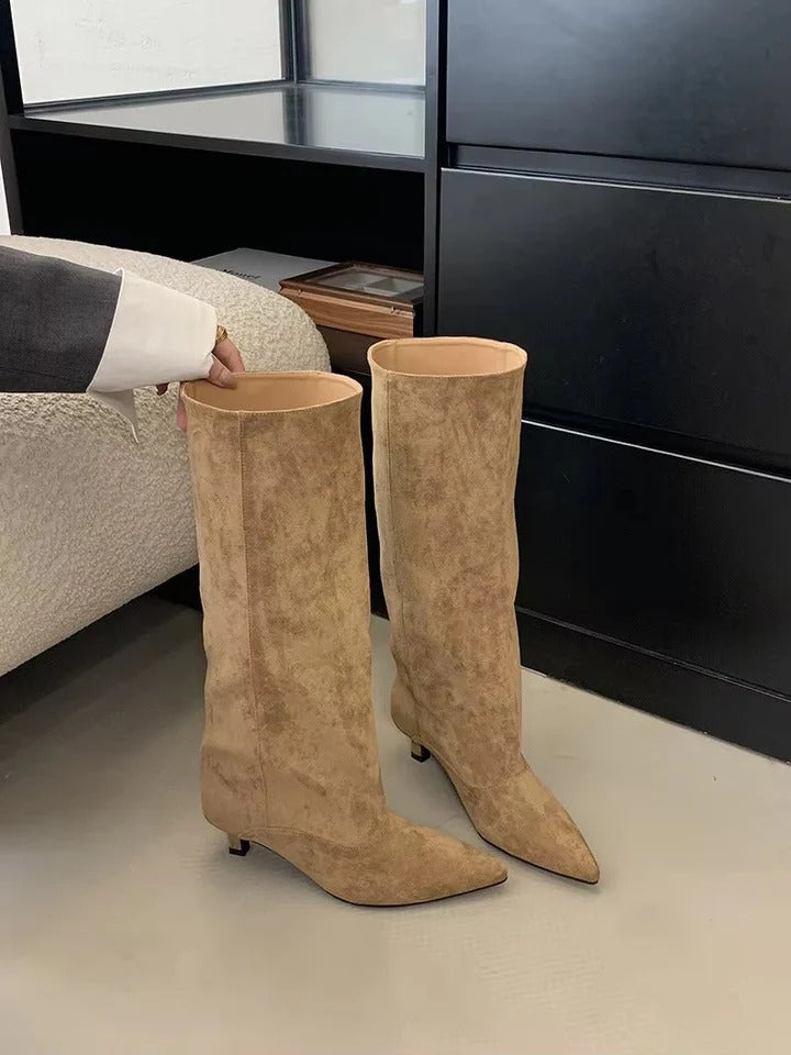 Suede Pointed Toe High Heel Slouch Boots for Women