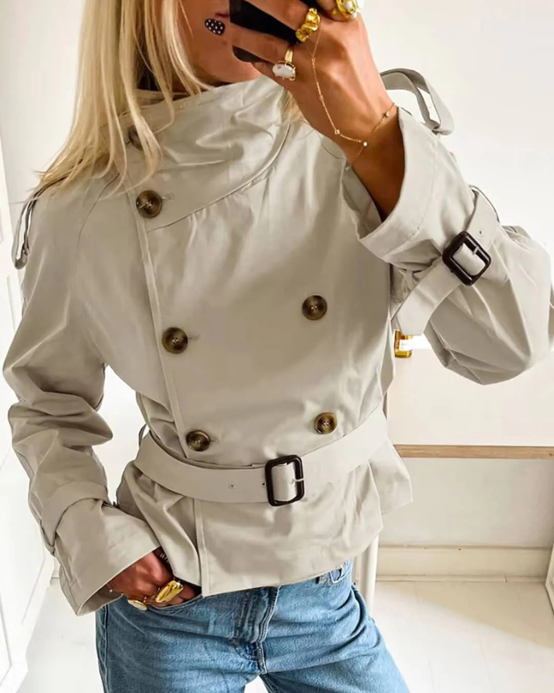 Belted Short Trench Jacket with Tie-Waist for Women