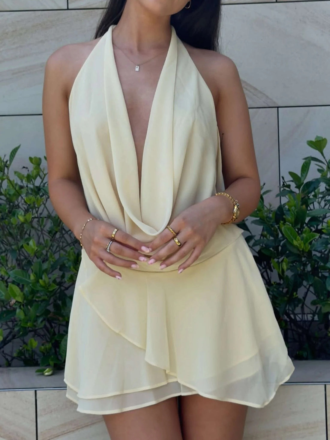 V Neck Halter Ruffle Mini Dress for Women