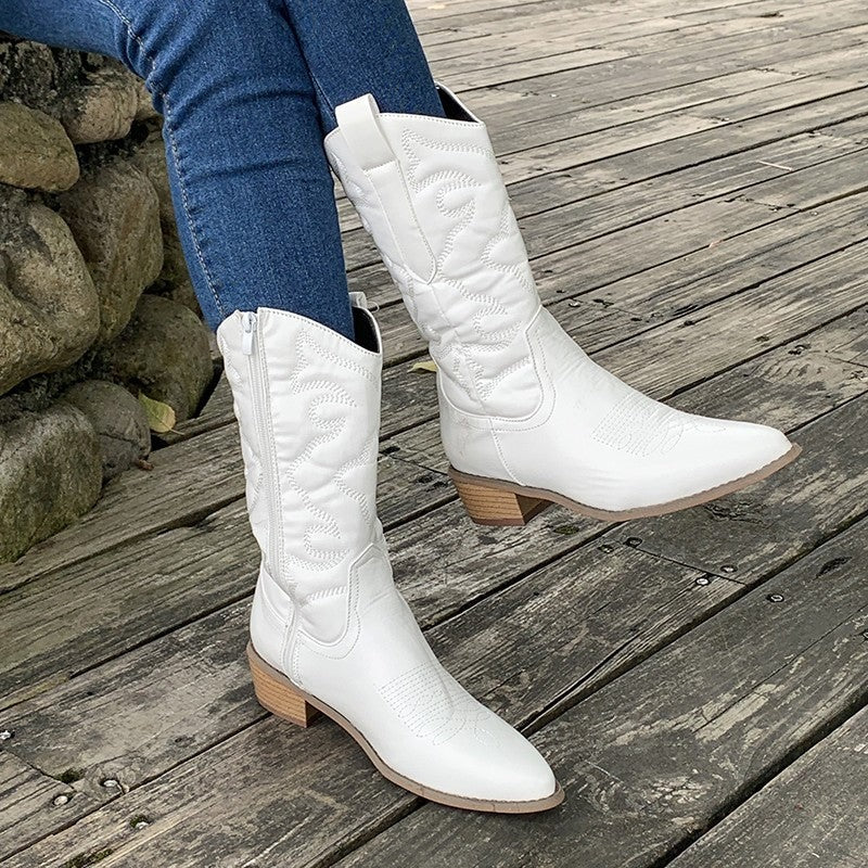 Embroidered Mid Calf Western Boots for Women