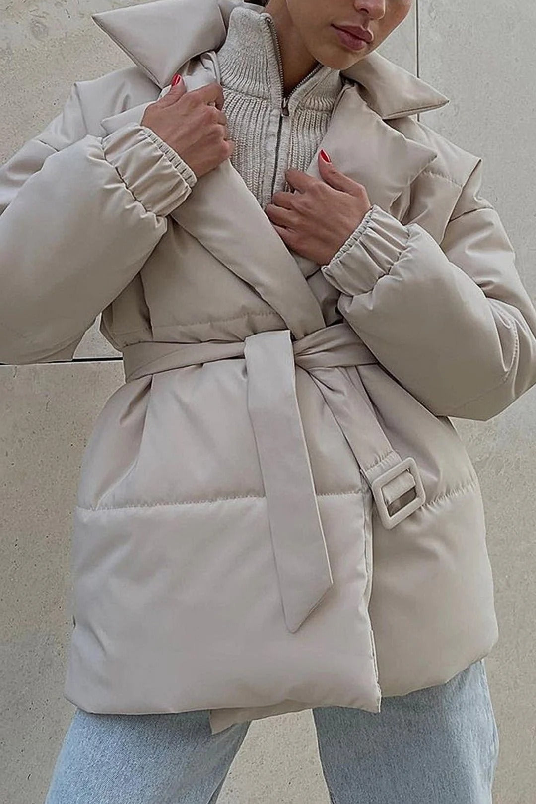 Padded Quilted Jacket with Belt for Women