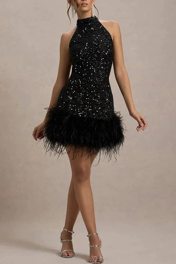 Glitter Feather Trim Halter Mini Dress for Women
