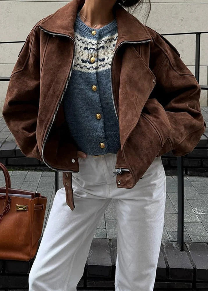 Faux Suede Oversized Bomber Jacket for Women