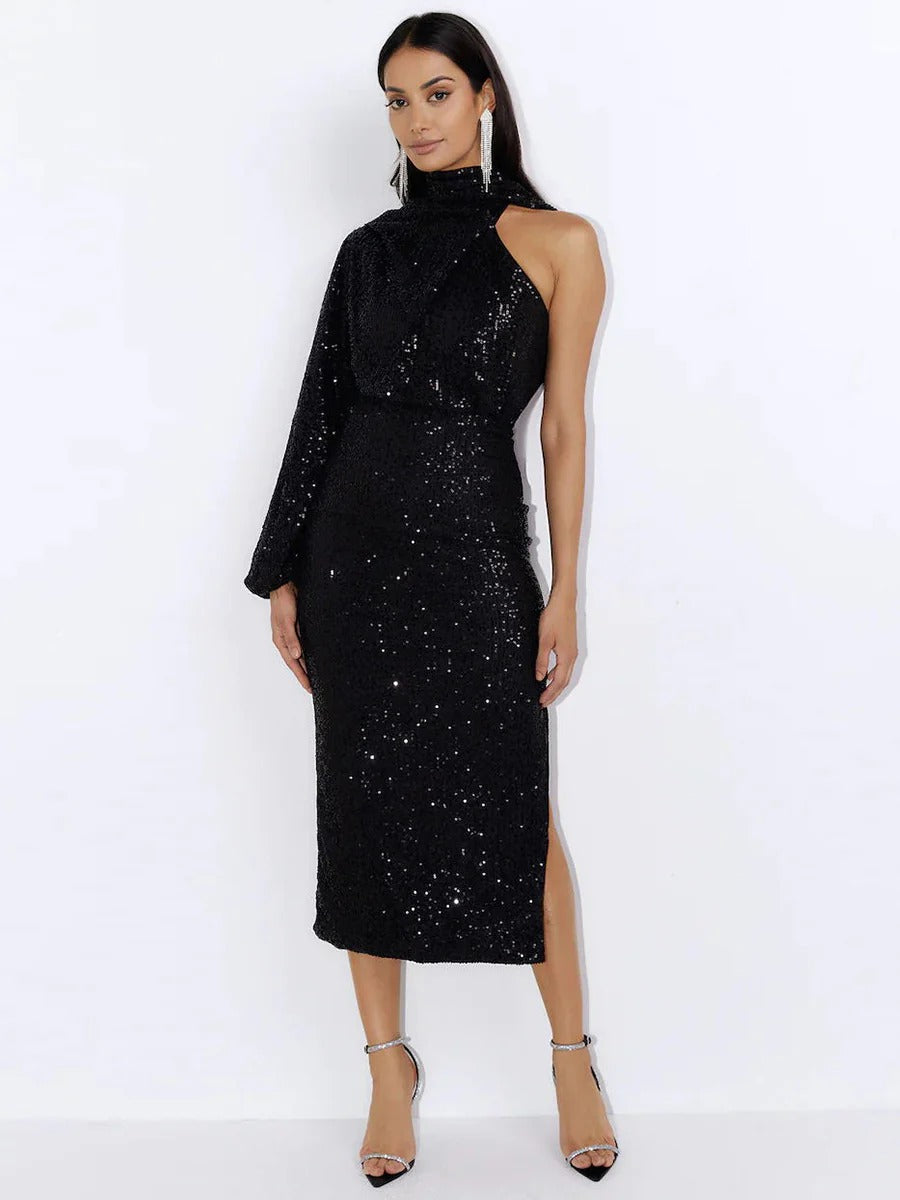 Sequin One Sleeve Mock Neck Midi Dress for Women