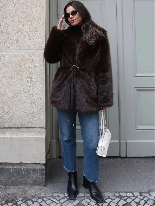 Belted Faux Fur Coat with Wide Lapels for Women
