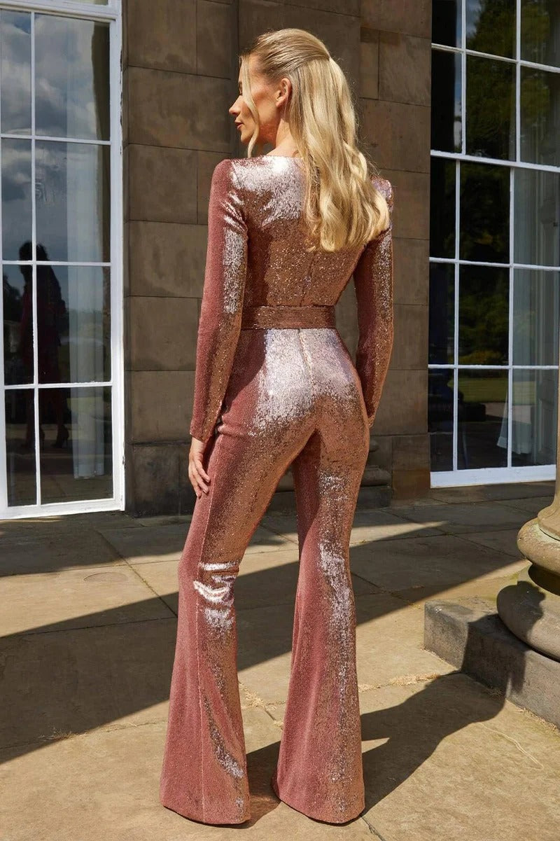 Sequin Sweetheart Neck Belted Jumpsuit for Women