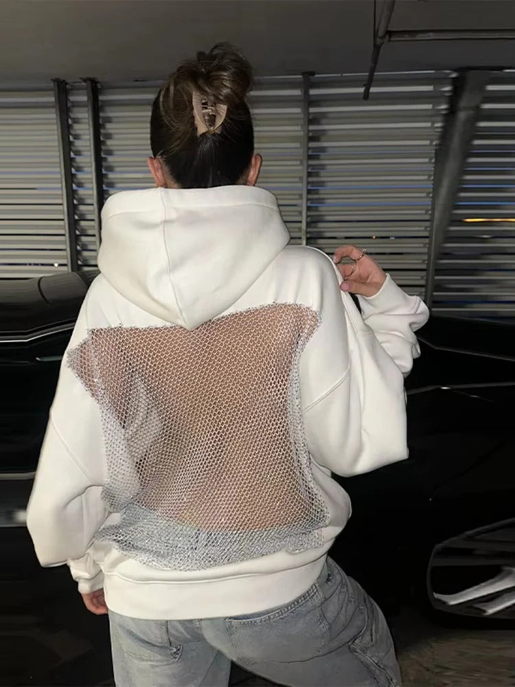 Oversized Mesh Back Net Panel Detail Hoodie for Women