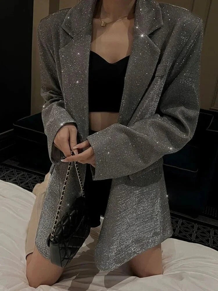 Oversized Glitter Single Breasted Blazer for Women
