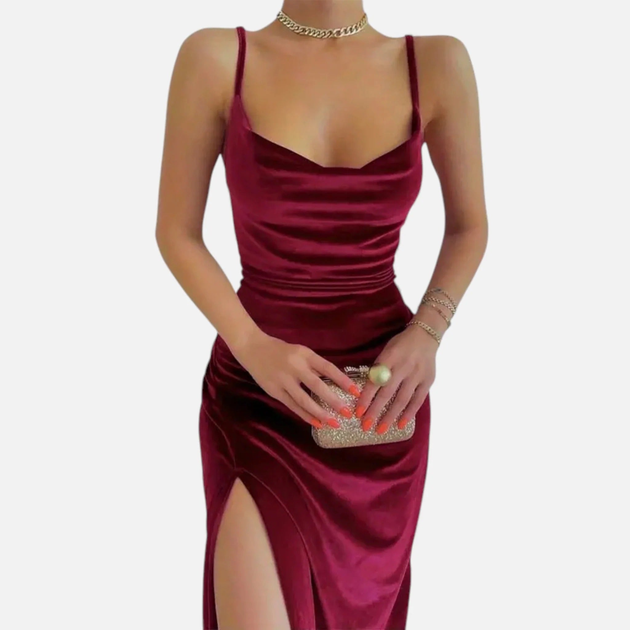Velvet Cowl Neck Side Slit Maxi Dress for Women